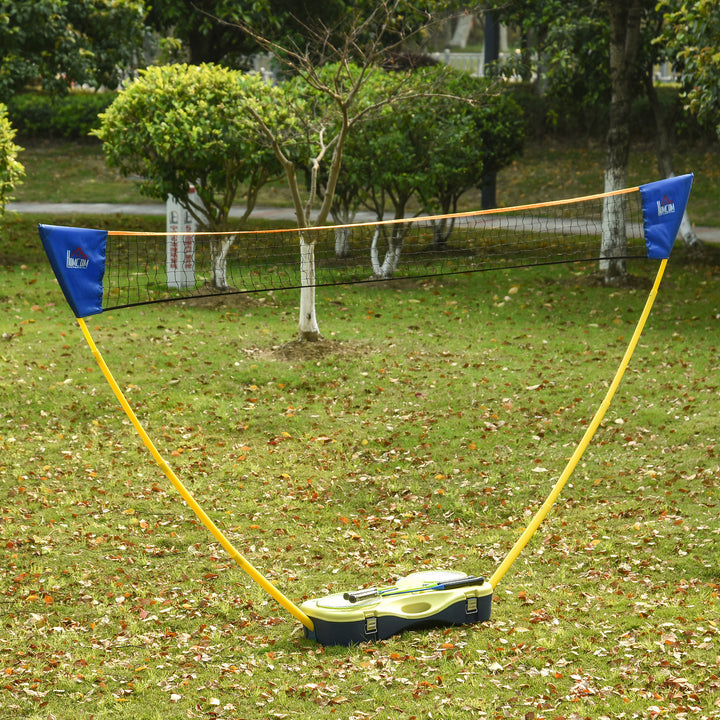 Badmintonnet med stativ, badmintonnetstativ, bærbart netstativ, badmintonnet med 4 badmintonketchere, udendørssport, gul+blå, 286 x 33 x 157 cm