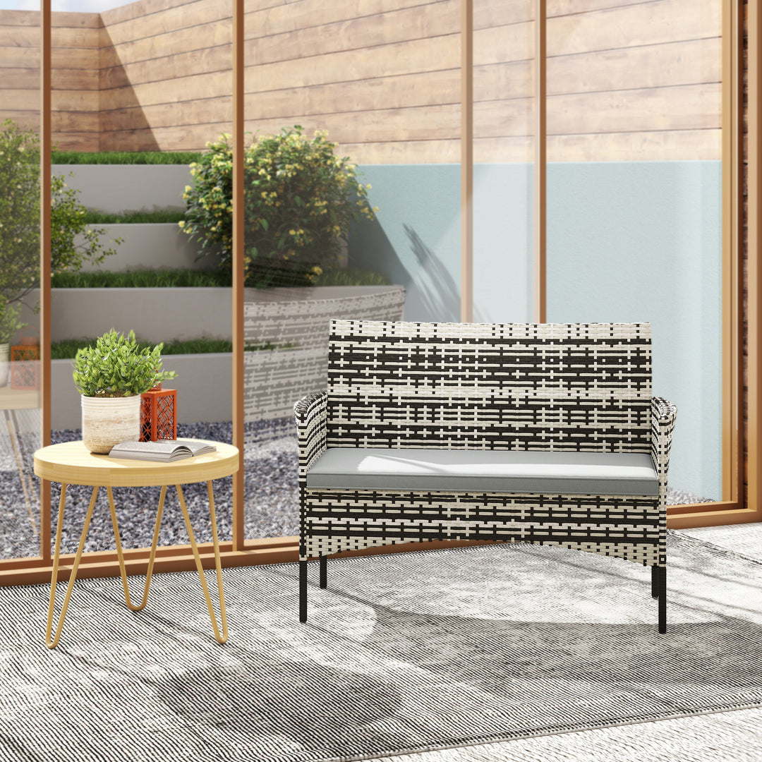 2-personers havesofa i rattan, PE-rattan havesofa med hynder, skridsikre måtter, stålstel, lysegrå