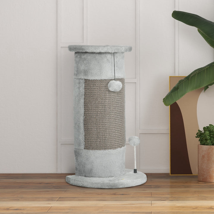 Kradsetræ med legetøj, inklusive 2 bolde. Blødt plys, 34 cm x 25,5 cm x 58 cm, grå.