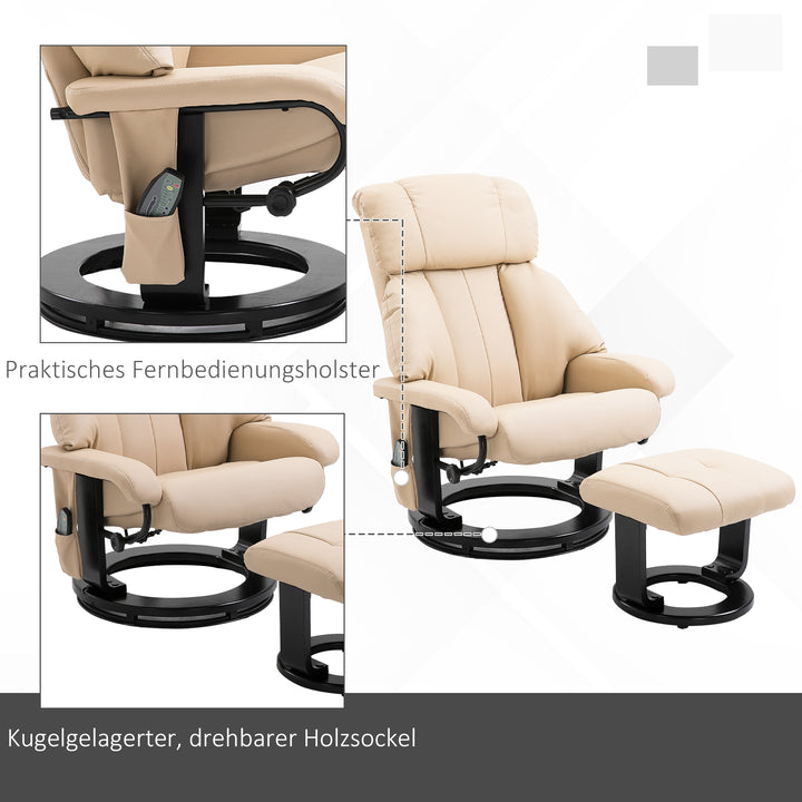 Afslappende lænestol med skammel, drejelig tv-stol med massagefunktion, lænefunktion, massagestol med fjernbetjening, sidelomme, lænestol i kunstlæder til stue cremehvid