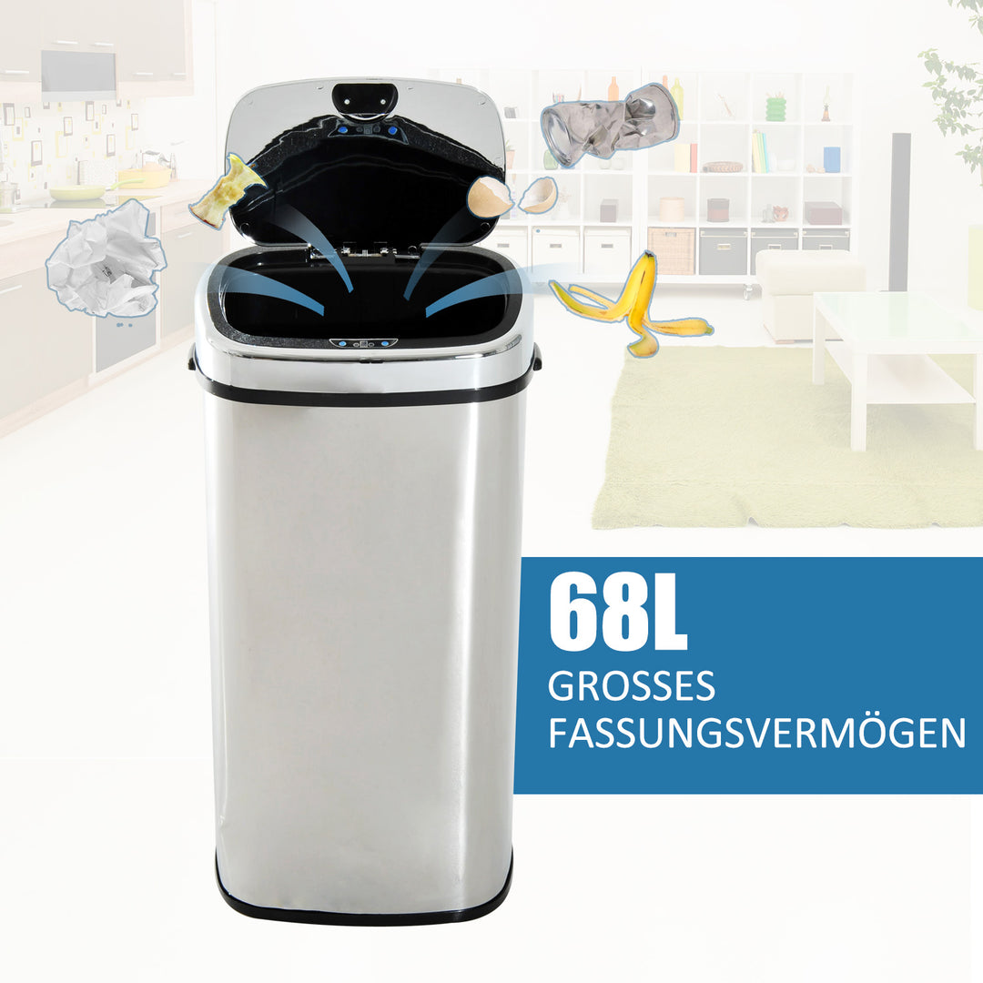 Sensor skraldespand 68l automatisk skraldespand med bevægelsessensor, vandtæt affaldsbeholder til kontor, soveværelse, køkken, rustfrit stål sølv