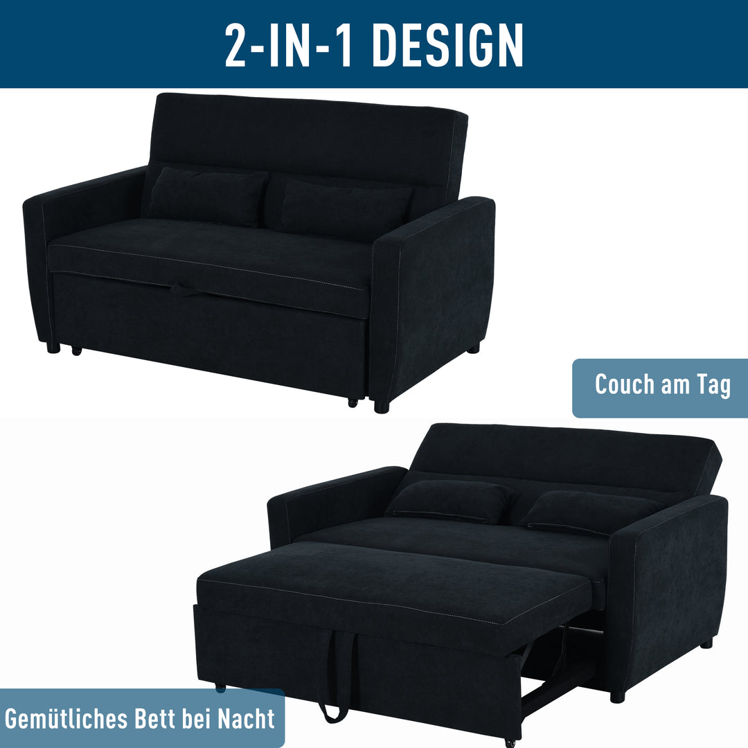 2-Personers sofa med sengefunktion, justerbar ryglæn, polstret sofa, fløjlslook, til stue, soveværelse, sort