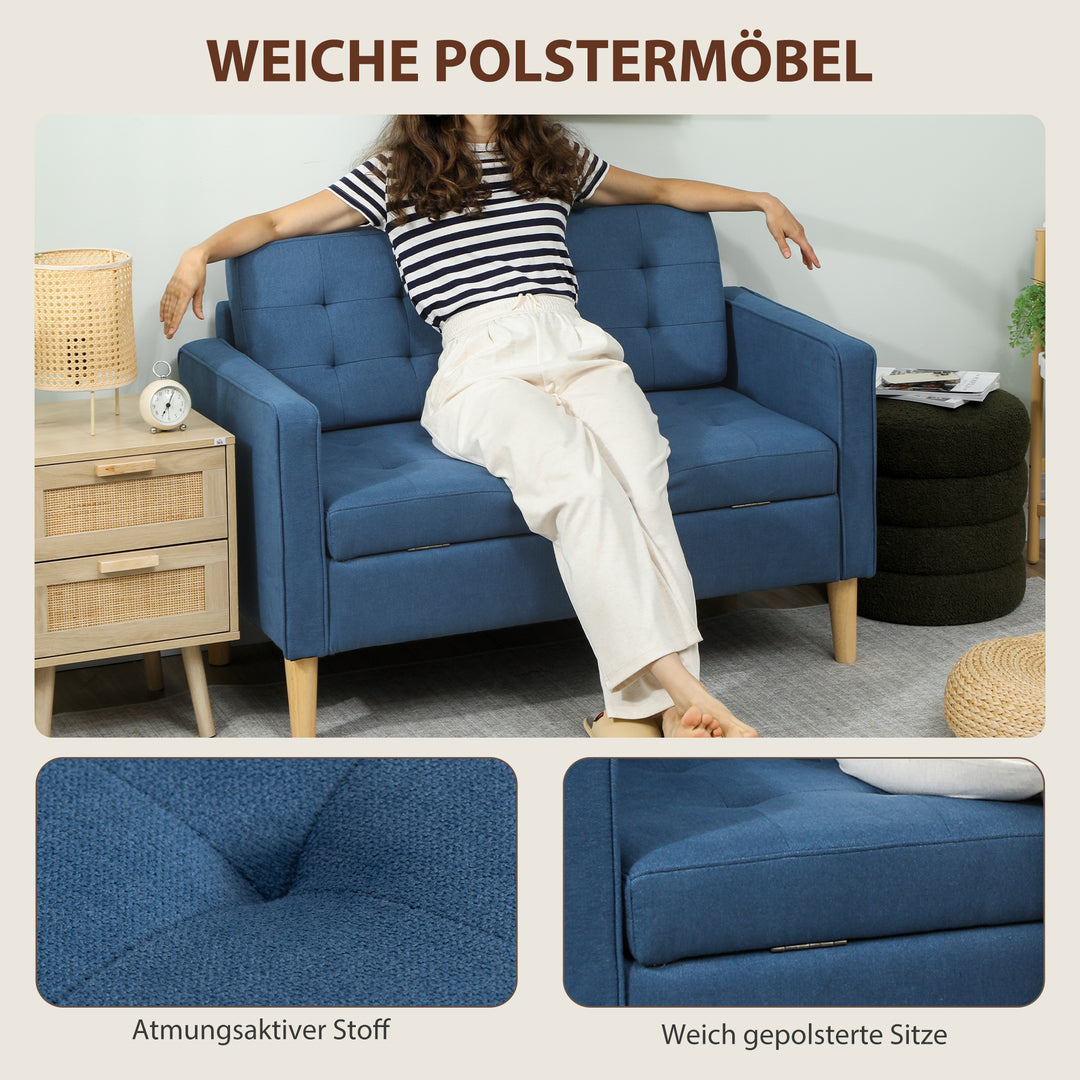To-personers sofa med opbevaring, knapsyet kant, hynder, gummitræ, 117x62x78 cm, blå
