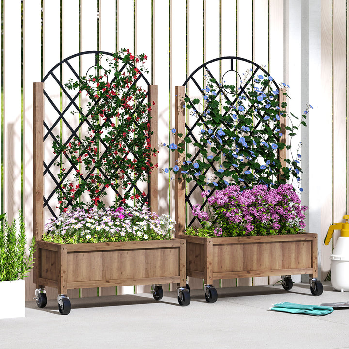 Sæt med 2 hævede havebede/plantekasser med hjul, espalier og plantepotter/blomsterkasser, træ, 52x25x97cm, brun