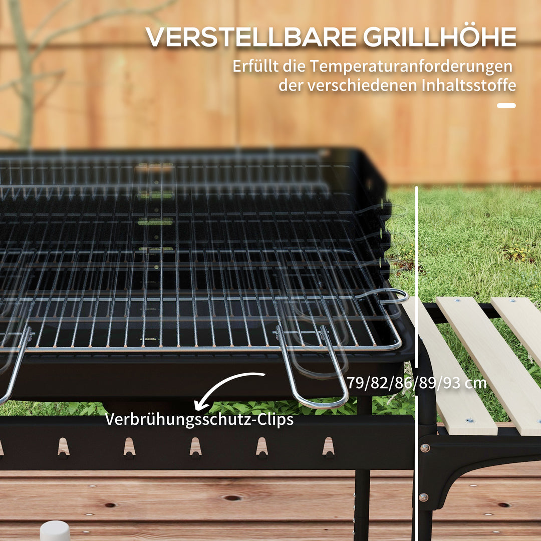 Metalkulgrill BBQ-ryger med hjul, højdejusterbar grillrist, træhylde, 103x47x95 cm, sort