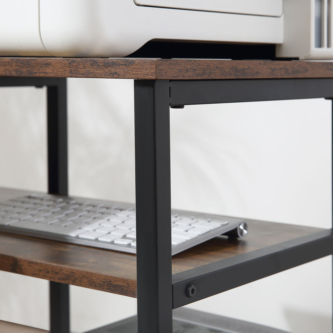 Hjørnebord vinkelbord pc-bord computerbord kontorbord hylde skuffe l-formet spånplade metal rustik brun 135 x 90 x 79 cm