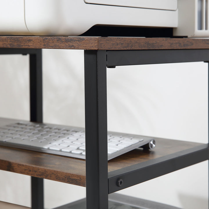 Hjørnebord vinkelbord pc-bord computerbord kontorbord hylde skuffe l-formet spånplade metal rustik brun 135 x 90 x 79 cm