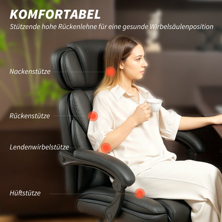 Kontorstol, ergonomisk højdejusterbar drejestol med lændestøtte, armlæn, fodstøtte, PU-læder, sort