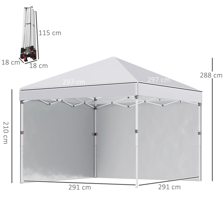 Foldbar pavillon, 2 sidepaneler, højdejusterbar, med bæretaske, stel i rustfrit stål, 3x3 m, hvid