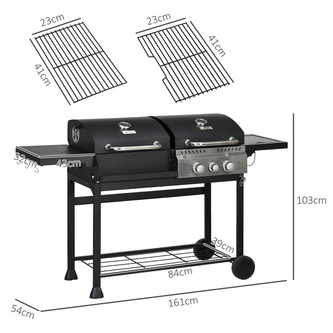 Gasgrill, inklusive termometer og varmeplader, 161 x 54 x 103 cm, sort og sølv