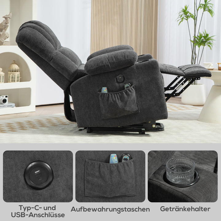 Elektrisk power lift-lænestol med massage- og varmefunktion, usb-porte, kopholdere, mørkegrå