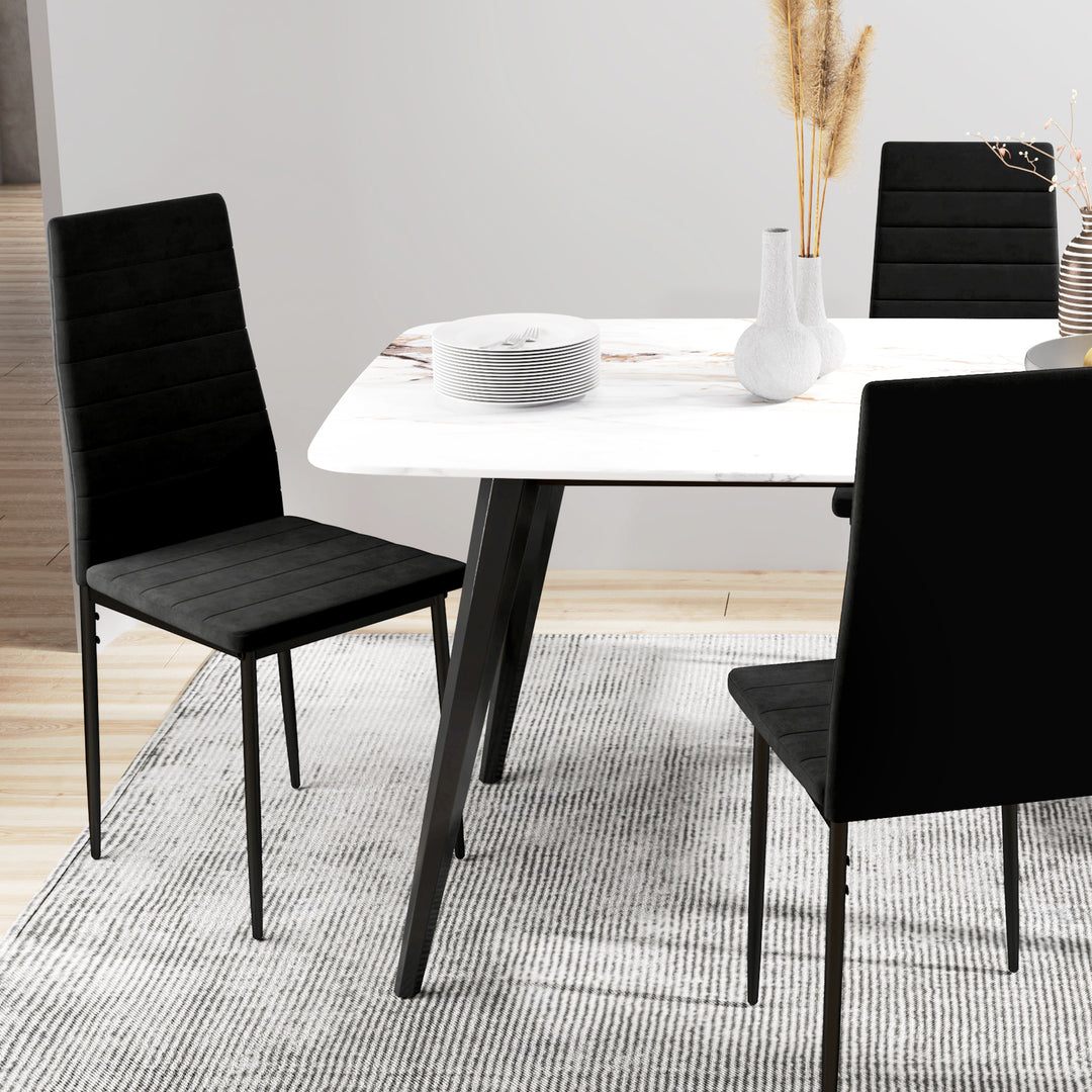 Sæt med 4 spisebordsstole, armløse design, stofbetræk, metalben, sort