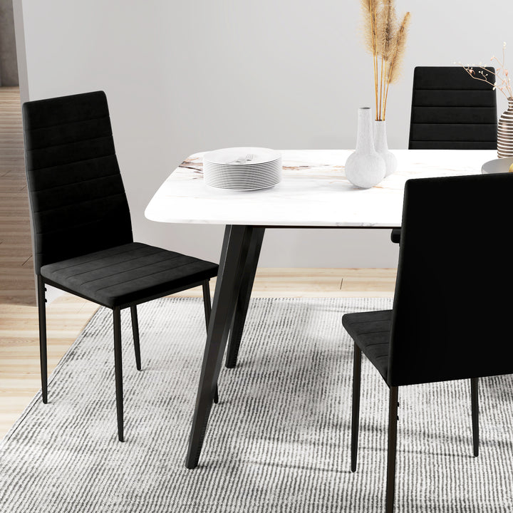 Sæt med 4 spisebordsstole, armløse design, stofbetræk, metalben, sort