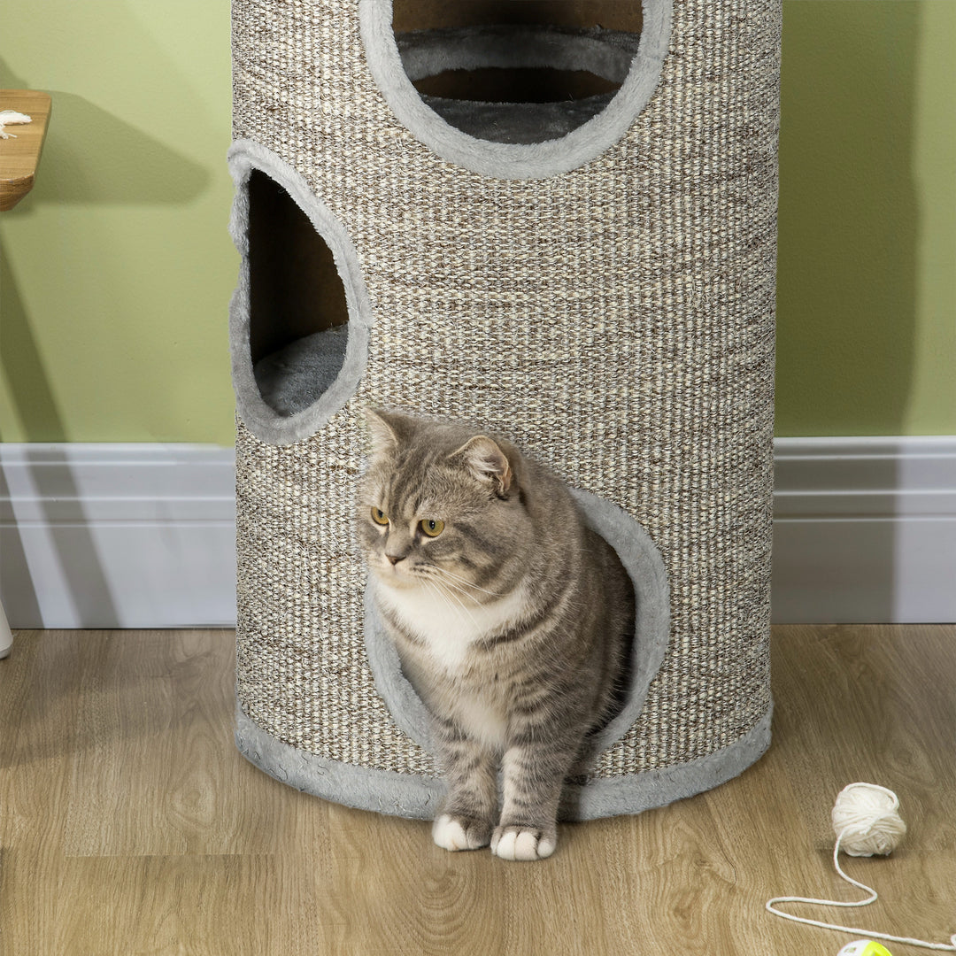 Kradsetønde med 3 niveauer, inklusive sisalreb-kradseflade, kradsetønde til katte, 38 cm x 38 cm x 70 cm, lysegrå