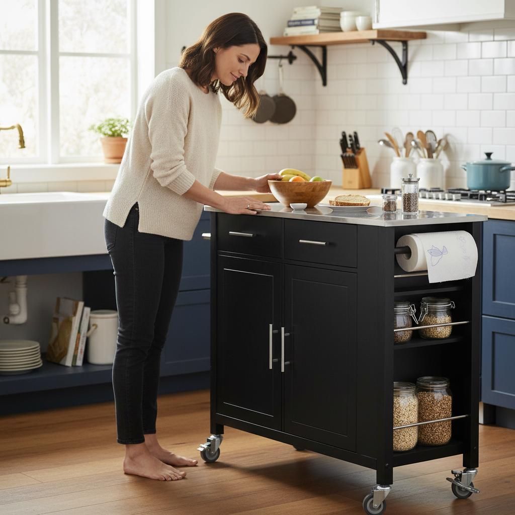 Køkkenø i skandinavisk stil, stålbordplade, 107x46x94 cm, sort