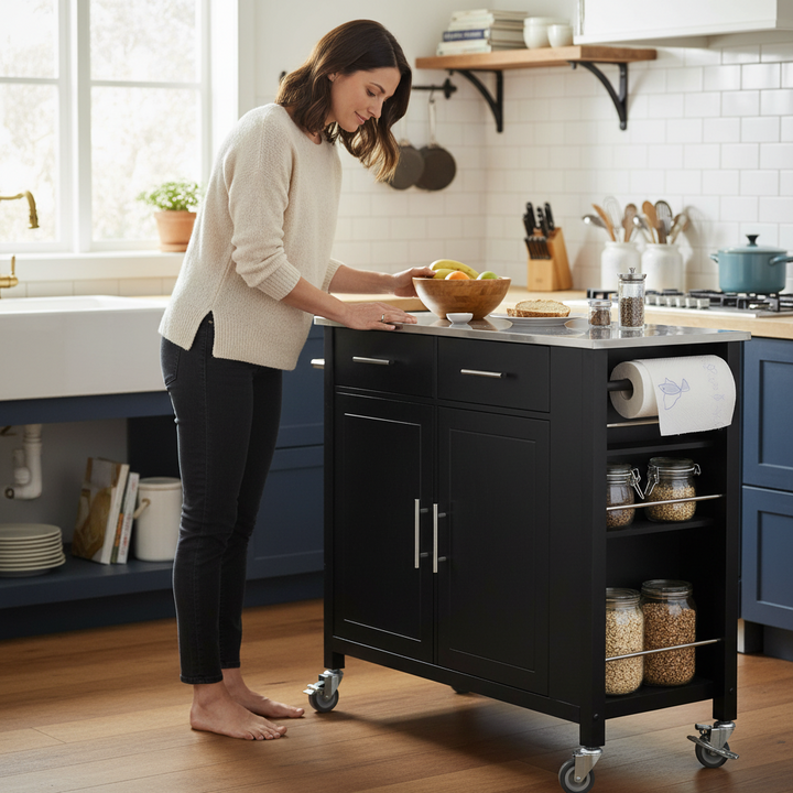 Køkkenø i skandinavisk stil, stålbordplade, 107x46x94 cm, sort