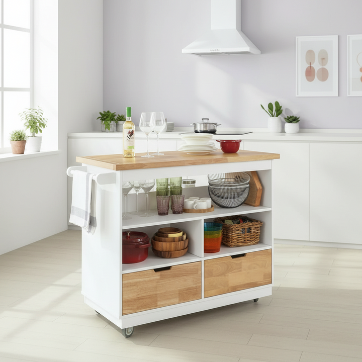 Køkkenø på hjul, hvid/naturfarvet, 110x91x55 cm, med skuffer til opbevaring