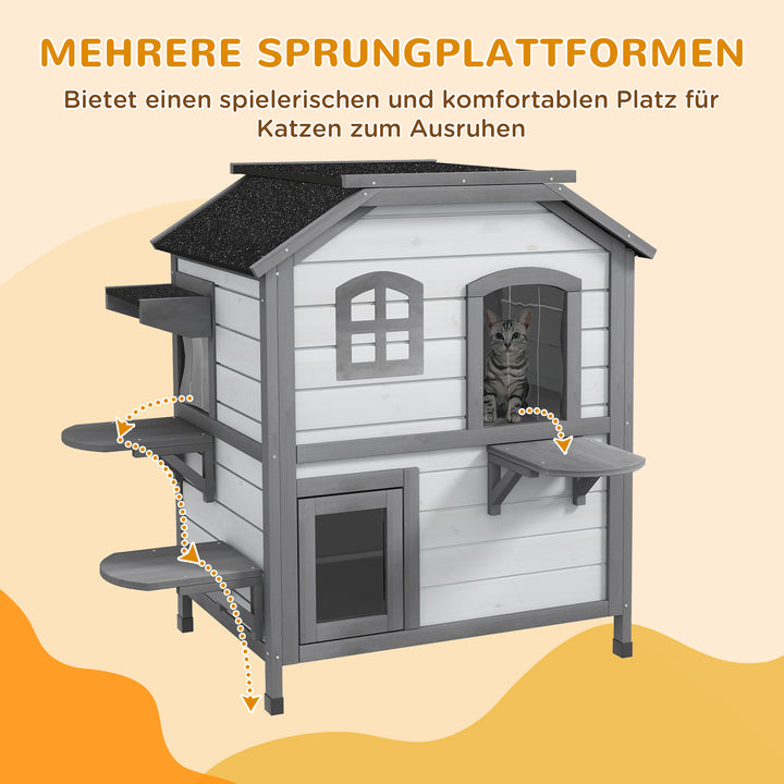 Kattehus, kattehytte, kattehule, 2 etager, vejrbestandig, 99,5 cm x 76 cm x 91 cm, hvid + grå