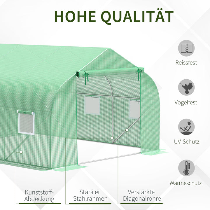 Drivhus 3,5 x 3 x 2 m, foliedrivhus med rulledør, lynlåsdør, 6 netvinduer, støttestænger