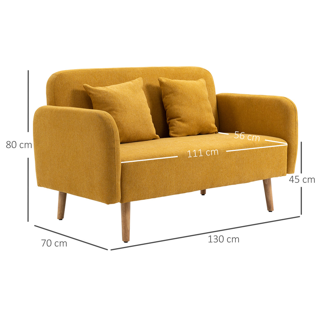 2-personers sofa med 2 puder, lille loveseat med fløjlstop, moderne polstret sofa til stue, soveværelse, lille værelse, gul, 130 x 70 x 80 cm