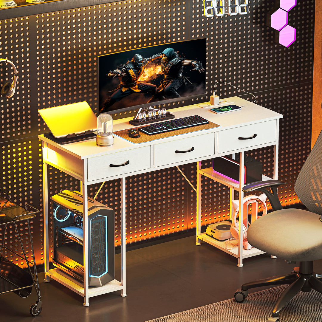 Køkkenbord med 2 USB-opladeporte, 2 stikkontakter, justerbare hylder, 3 stofskuffer, 120x40x76 cm, hvid