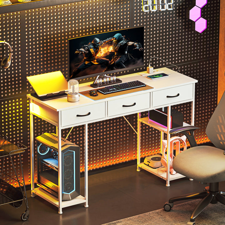 Køkkenbord med 2 USB-opladeporte, 2 stikkontakter, justerbare hylder, 3 stofskuffer, 120x40x76 cm, hvid