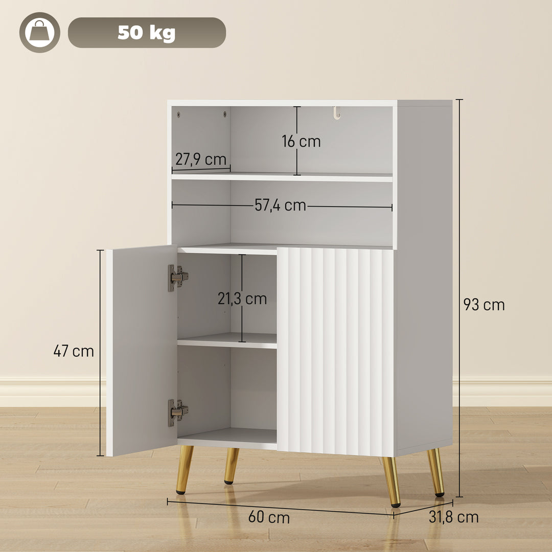 Badeværelsesskab, kommode til stuer, softclose-døre, 2 åbne hylder, MDF, hvid