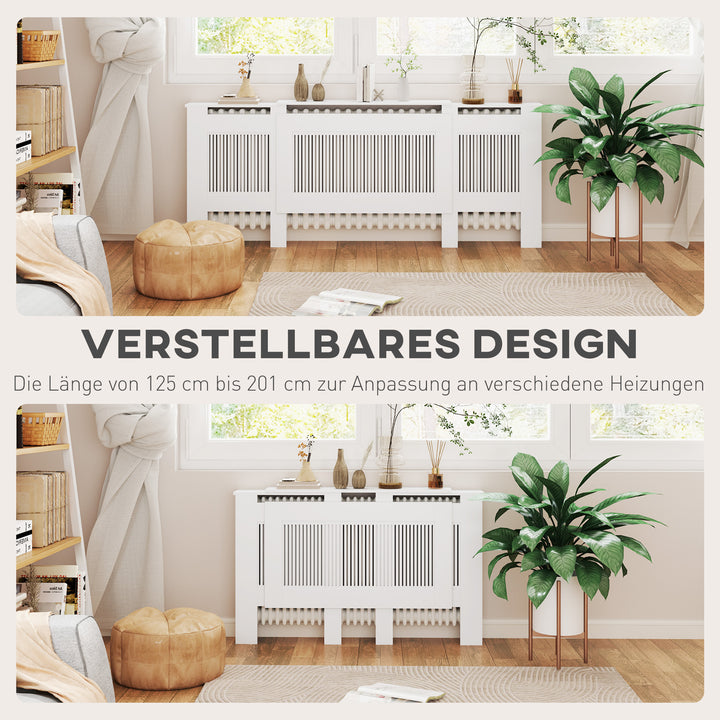 Radiatordæksel lameldesign justerbar længde 125-201cm mdf hvid