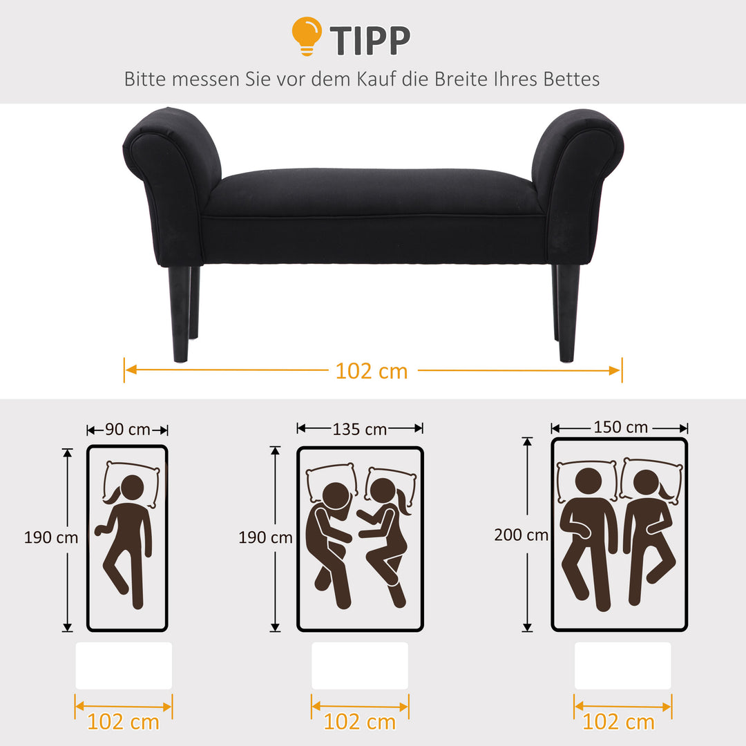 Bænk, sengebænk, tidløst design, blød polstring, op til 130 kg, sort, 102 x 36 x 51 cm