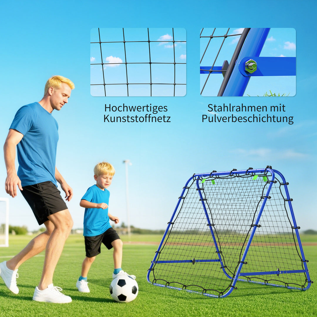 Dobbeltsidet rebounder til fodbold, justerbar reboundvæg med 5 vinkelpositioner, 100 x 68-95 cm kickback-mål til ungdom, reboundvæg til håndboldtræning, blå