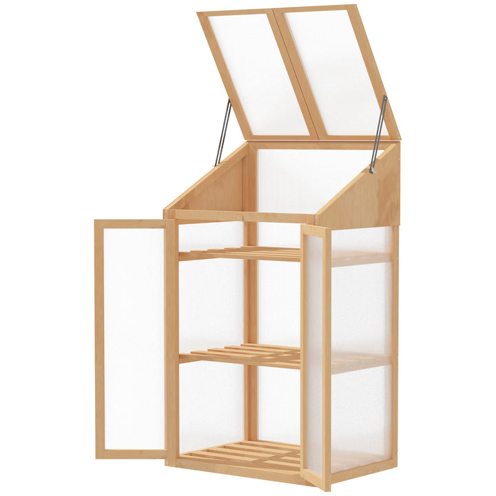 Mini drivhus, lille drivhus med træramme, vindue og dobbeltdør, 3 hylder, 70l x 50b x 120h cm, brun