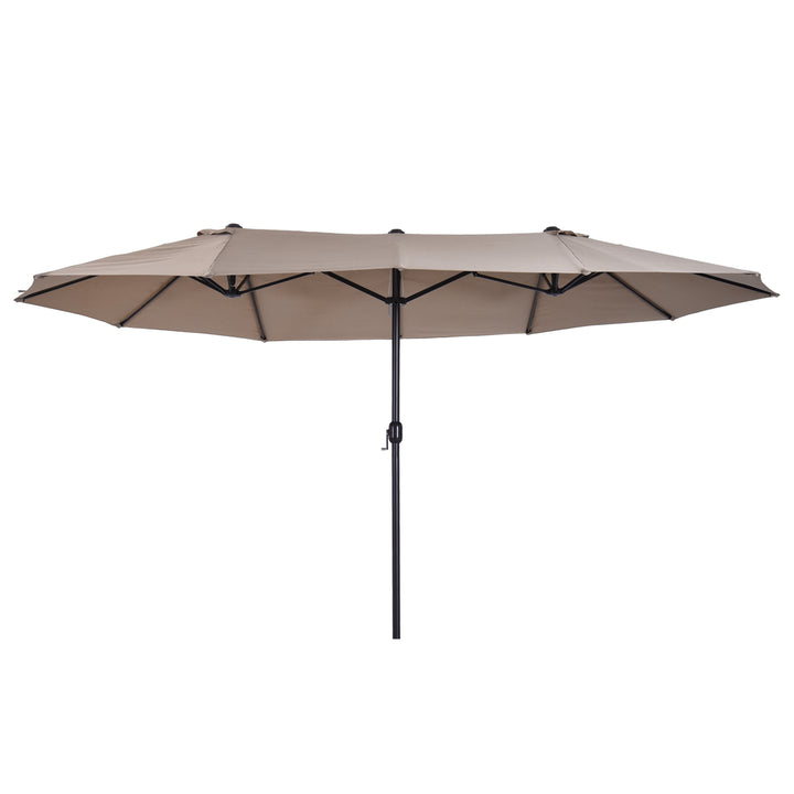 Dobbeltparasol 455 x 270 cm haveparasol med håndsving oval stabil metalstang markedsparasol dobbeltparasol terrasseparasol solbeskyttelse til strand balkon terrasse have lys kaffe