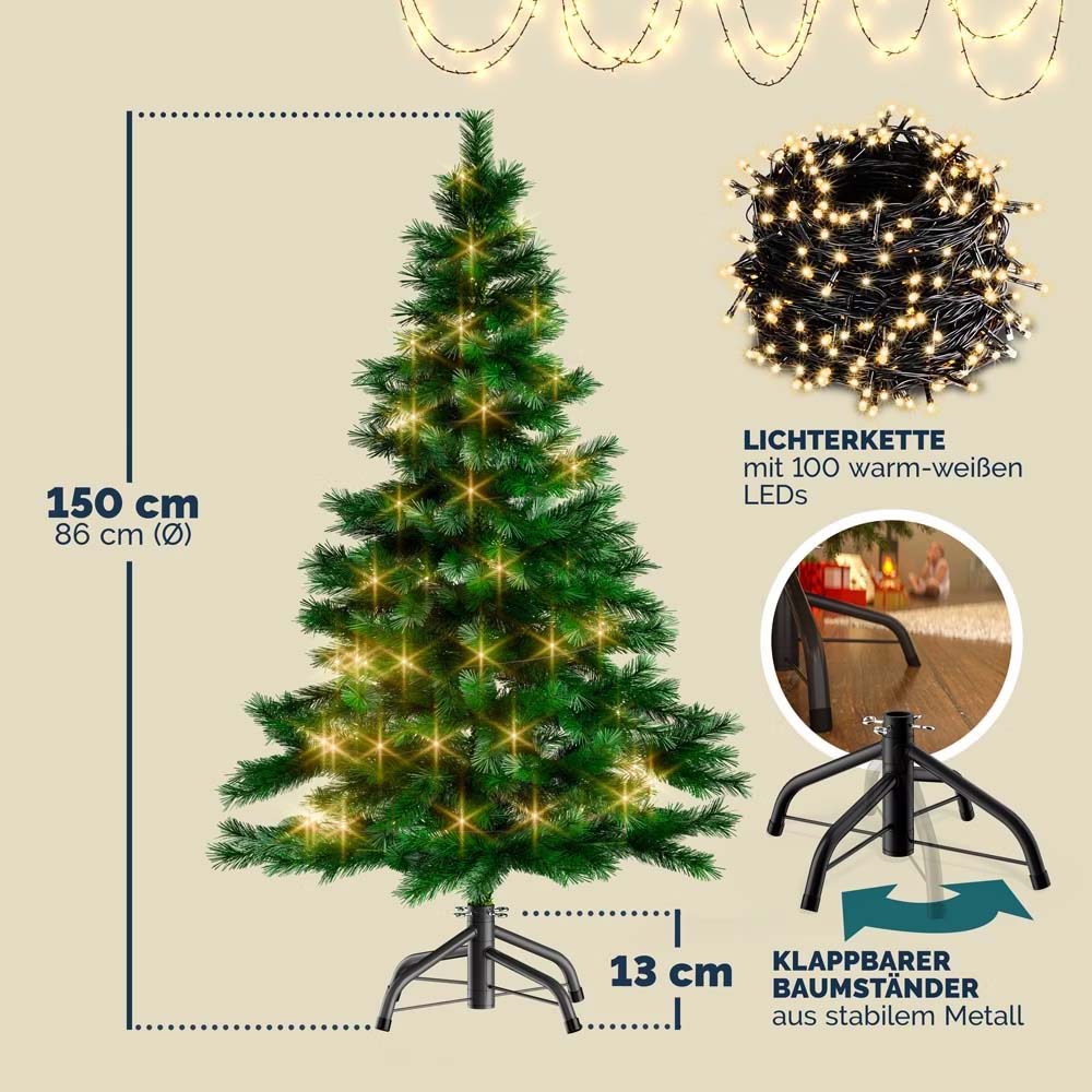 Kunstigt juletræ med lyskæde, 150 cm