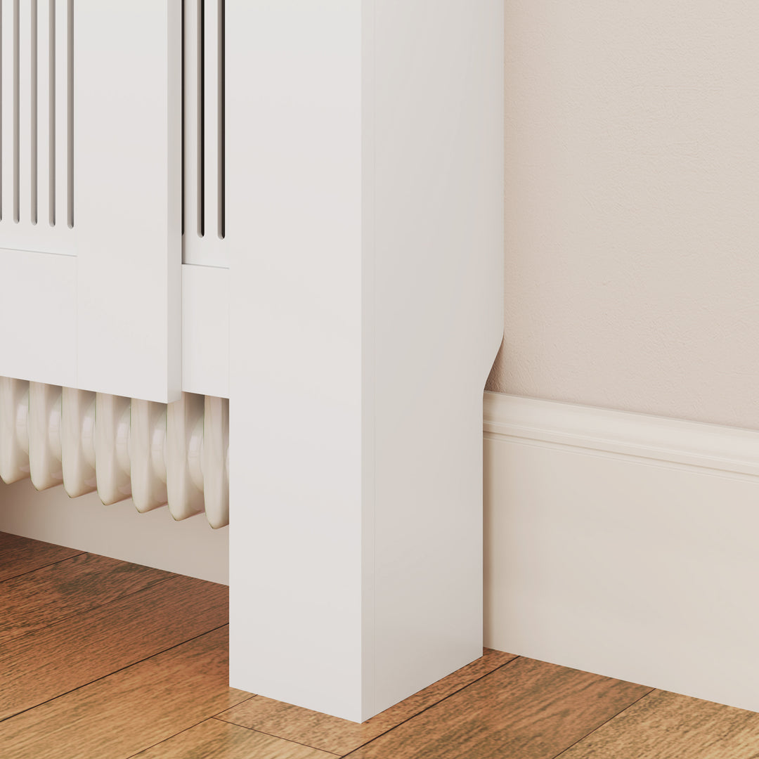 Radiatordæksel lameldesign justerbar længde 125-201cm mdf hvid