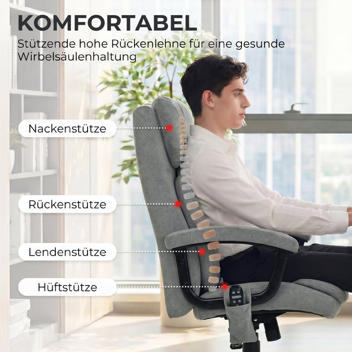 Ergonomisk massagekontorstol med 4 æltepunkter, executivestol med høj butterfly-ryglæn, bredt sæde, grå