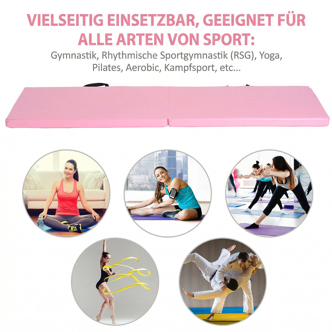 Sammenklappelig træningsmåtte med håndtag til yoga, MMA, fitness, pilates, syntetisk betræk, 180 x 60 x 5 cm, pink