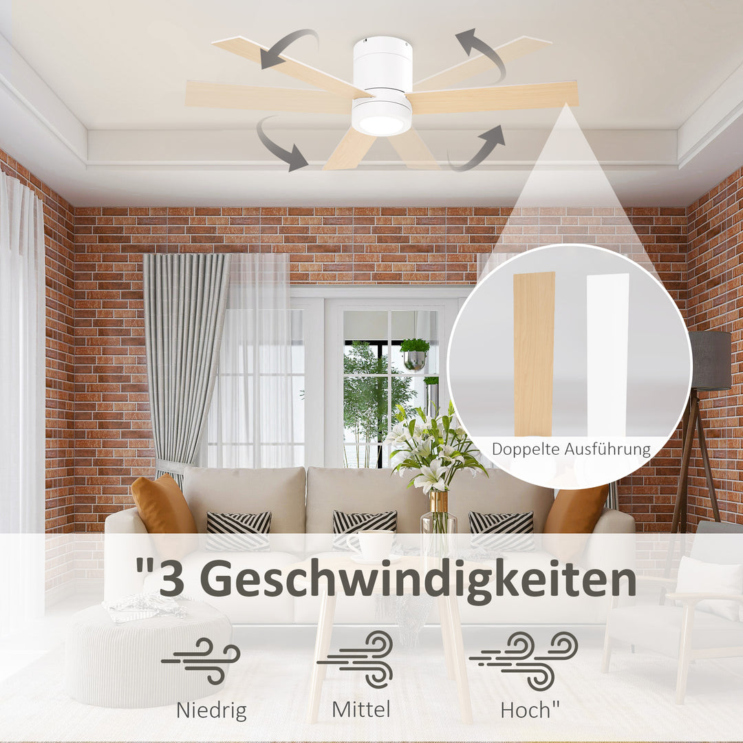 Loftventilator med LED-lys, 2-i-1-design, med timer, fjernbetjening, loftslampe med ventilator, hvid + naturtræ