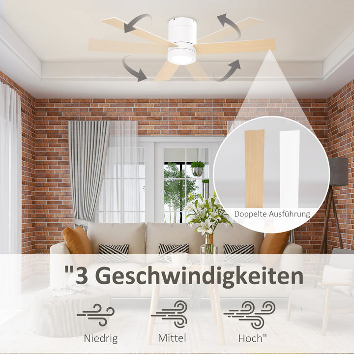 Loftventilator med LED-lys, 2-i-1-design, med timer, fjernbetjening, loftslampe med ventilator, hvid + naturtræ