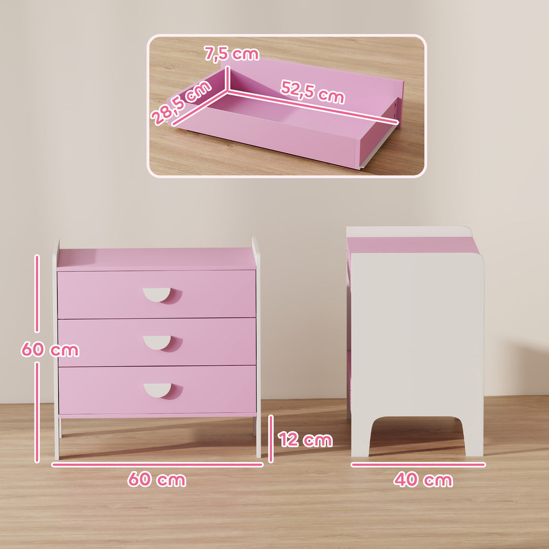 Børnekommode med 3 skuffer, mdf, opbevaringsskab til børn, pink+hvid