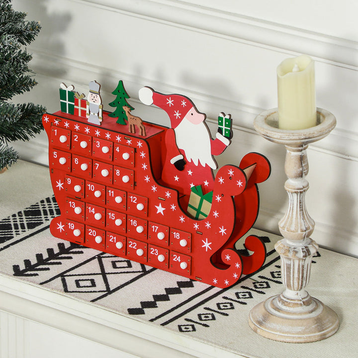 Julekalender julemanden med kane, 24 rum, genanvendelig, 22,5 x 8 x 36 cm, rød