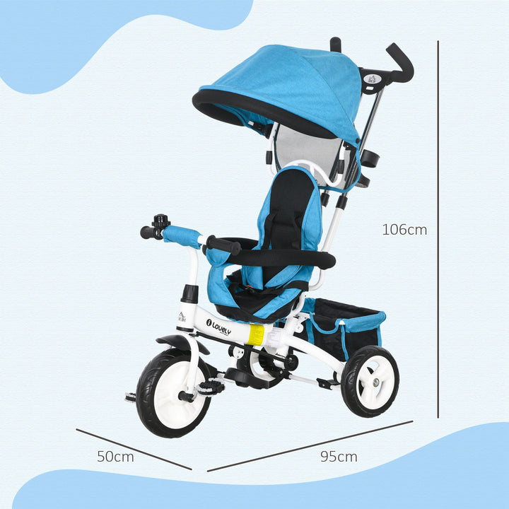6-I-1 børnetrecykel med skubbehåndtag, kaleche, sele, opbevaringskurv, til 1-5 år, blå