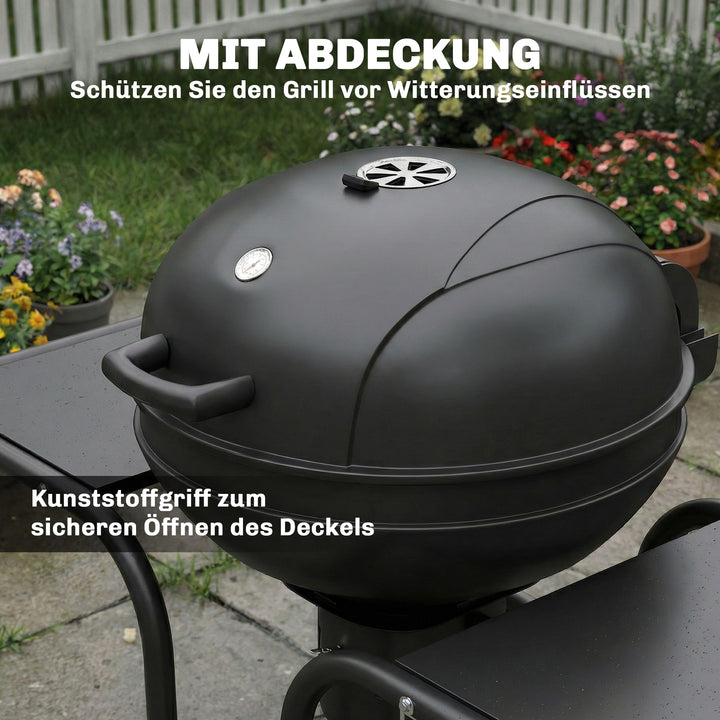 Kulgrill BBQ-ryger med sideborde, låg, termometer og hjul, 129 x 63,5 x 106,5 cm