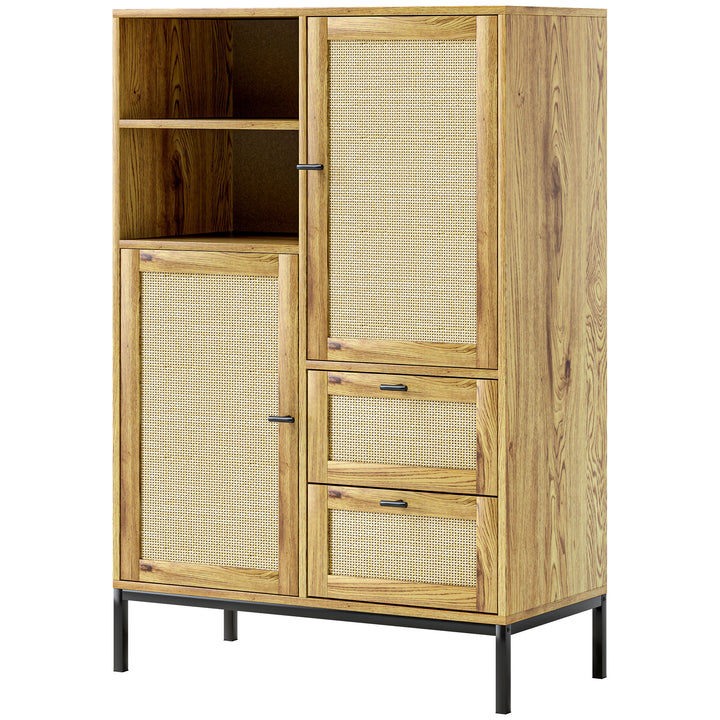 Opbevaringsskab, fleksibel kommode med rottingdøre, skuffer og justerbare hylder, 80b x 40d x 120h cm