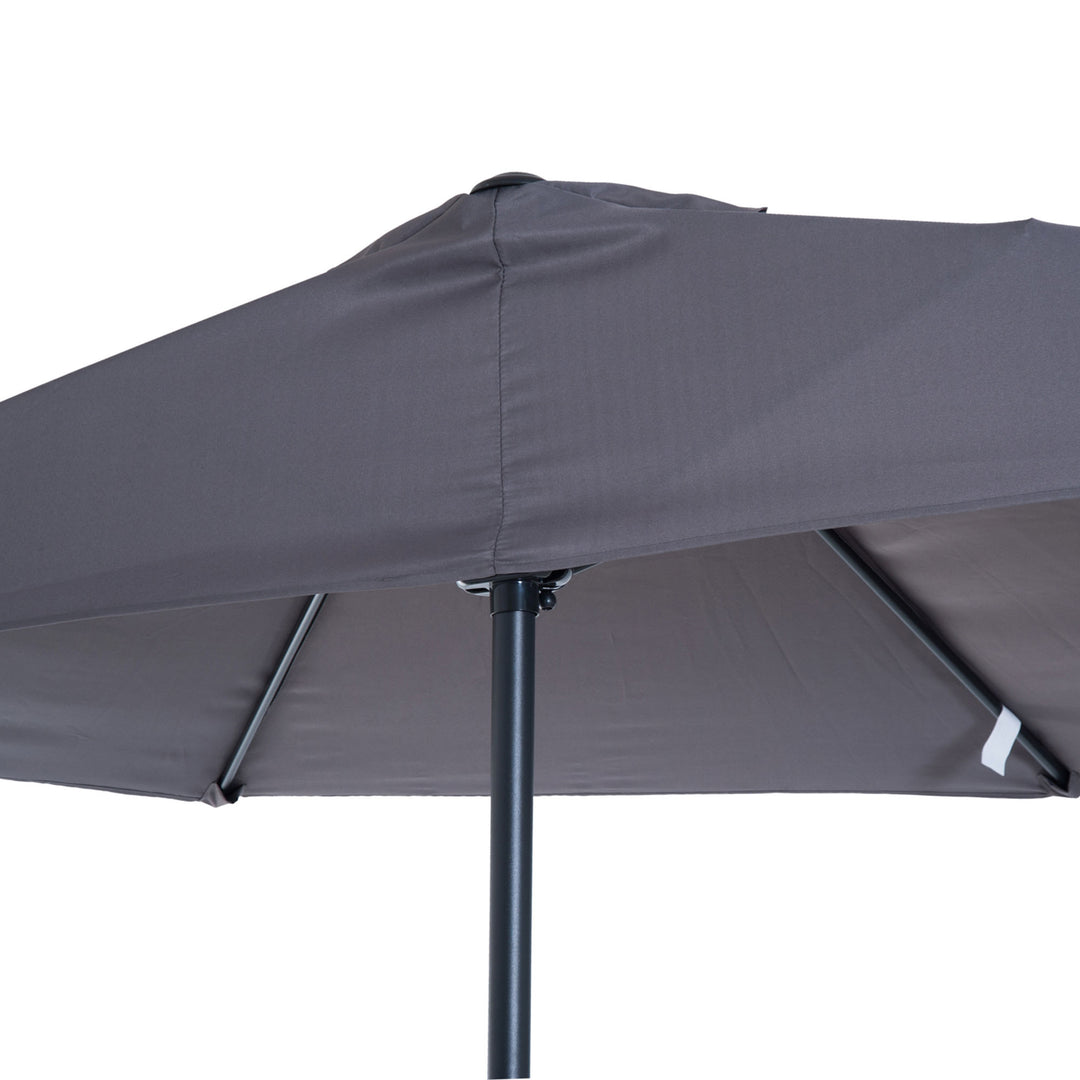 Parasol med håndsvingmekanisme, haveparasol, markedsparasol, metal, halvrund, grå og sort