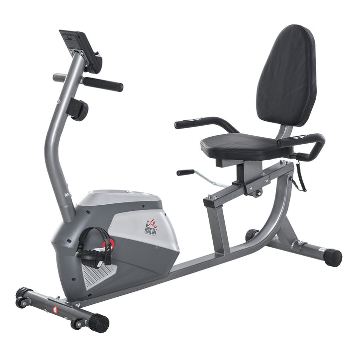 Liggende motionscykel med LCD-display, 8-trins justerbar magnetisk modstand, liggende motionscykel, hjemmetræner med pulsmålere, justerbar ryglæn, liggende motionscykel til seniorer op til 110 kg