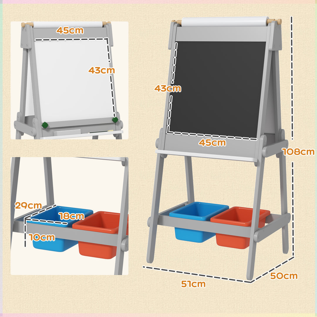 Dobbeltsidet børnestaffeli med papirrulle, tavle, whiteboard, 3-i-1-design, til tegning og maling