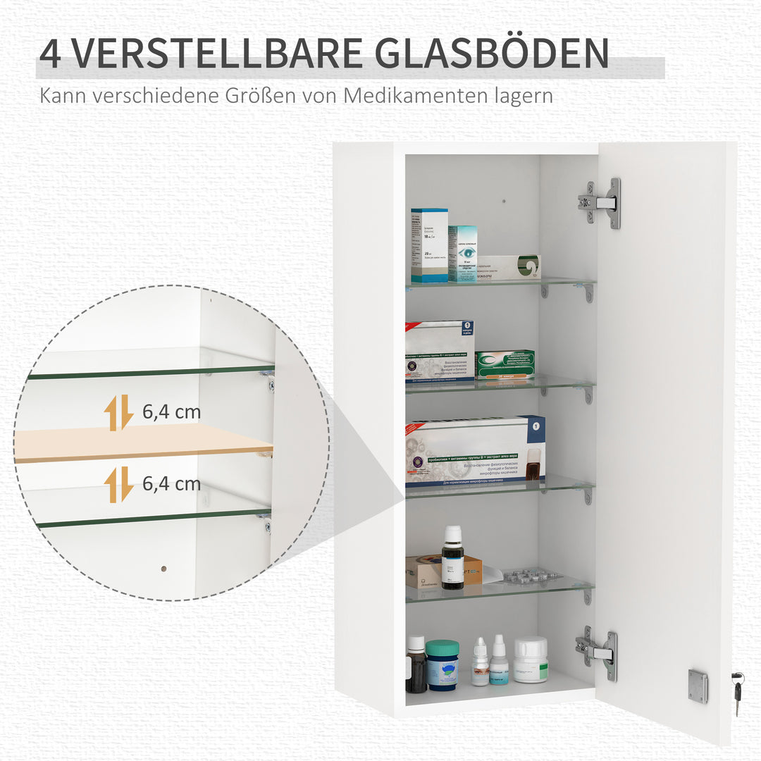 Medicinskab, medicinskab, vægskab, hængeskab med justerbar hylde, førstehjælpskors, aflåseligt, til badeværelse, køkken, entré, hvid, 30x20x70 cm