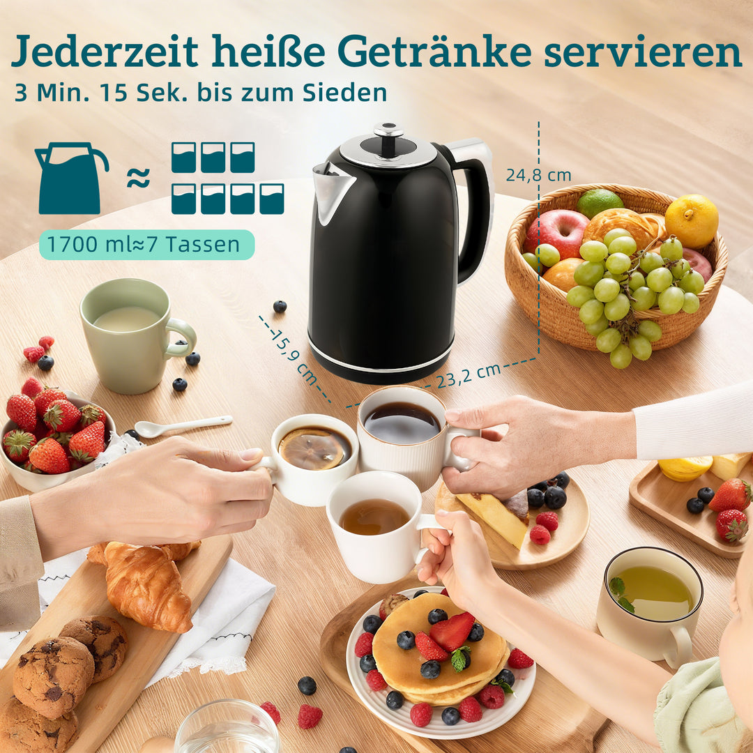 Elkedel- og brødristersæt, LED-display, 1,7 liter, 2200W, retrodesign, hukommelsesfunktion, sort