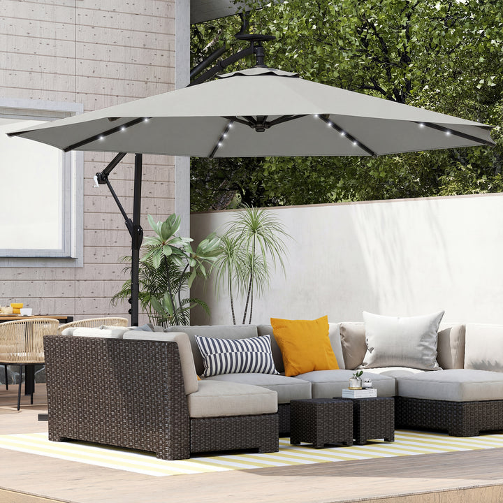 LED solcelledrevet parasol, ca. Ø300 cm, drejelig, med håndsving, beskyttelsesovertræk, lysegrå