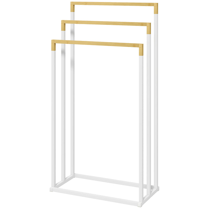 Kleankin håndklædeholder håndklædeholdersæt med 3 håndklædestænger, industrielt design, bambus, 45 x 22,5 x 86 cm, hvid + naturlig